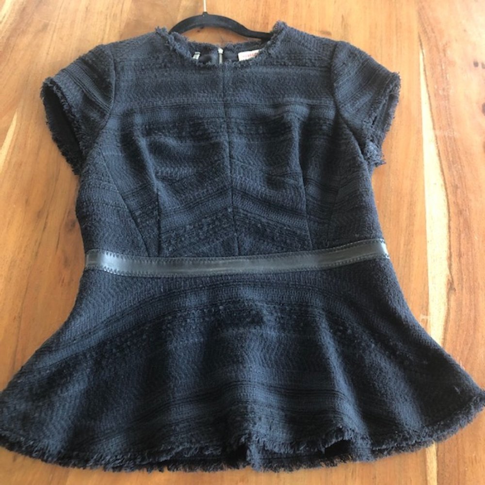 Stunning Rebecca Taylor Black Tweed & Leather, Cap Sleeve Peplum Top Sz 10 - EUC